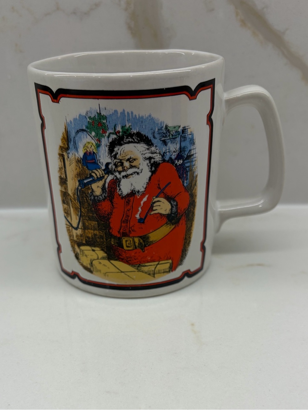 Vintage Santa Smoking Pipe on Phone Merry Christmas Coffee Holiday Cup Mug Japan